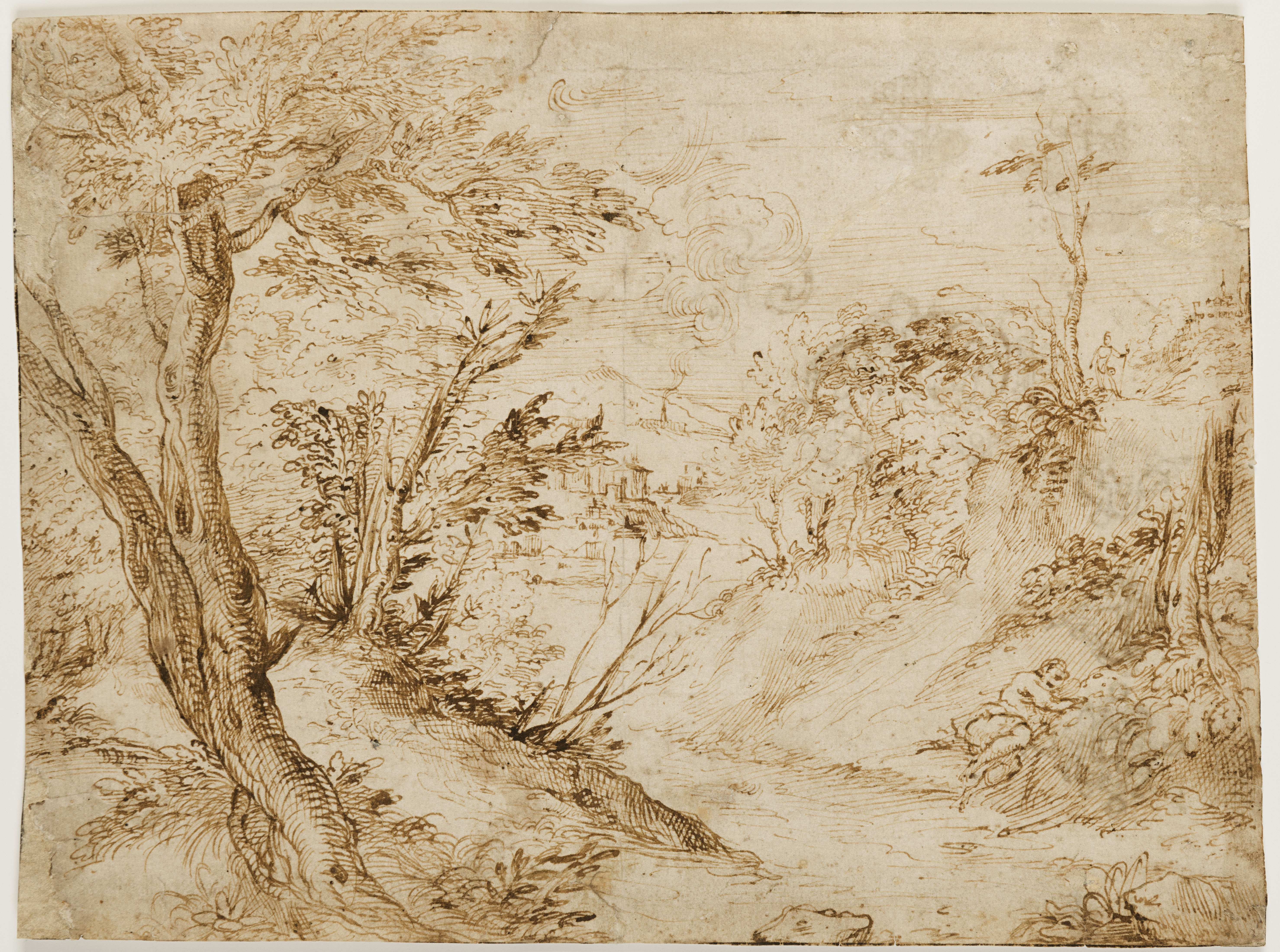 A Wooded Landscape with a Man Resting by a Path [recto]; Nine Studies of Pendants and a Sketch of a Spider [verso]